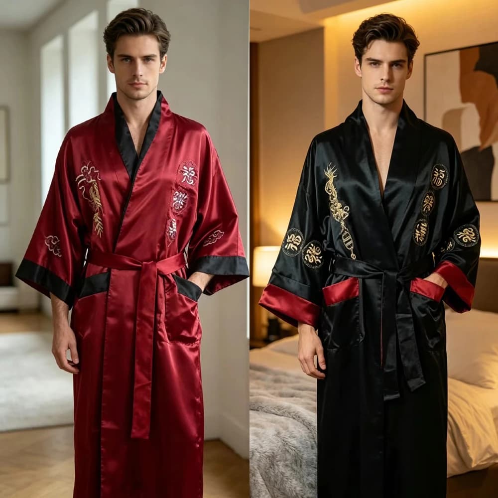 Vestaglia Reversibile in Stile Cinese per Uomo, Abito in Raso con Ricamo Tradizionale a Drago, Pigiama Kimono, Accappatoio