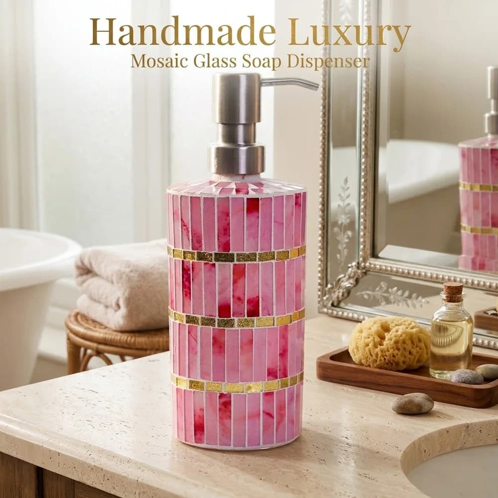 Dispenser di Sapone in Mosaico di Marmo Rosa Fatto a Mano, Elegante Bottiglia con Pompa in Vetro da 325ml, Accessori per Bagno, Decorazione Casa, Regalo