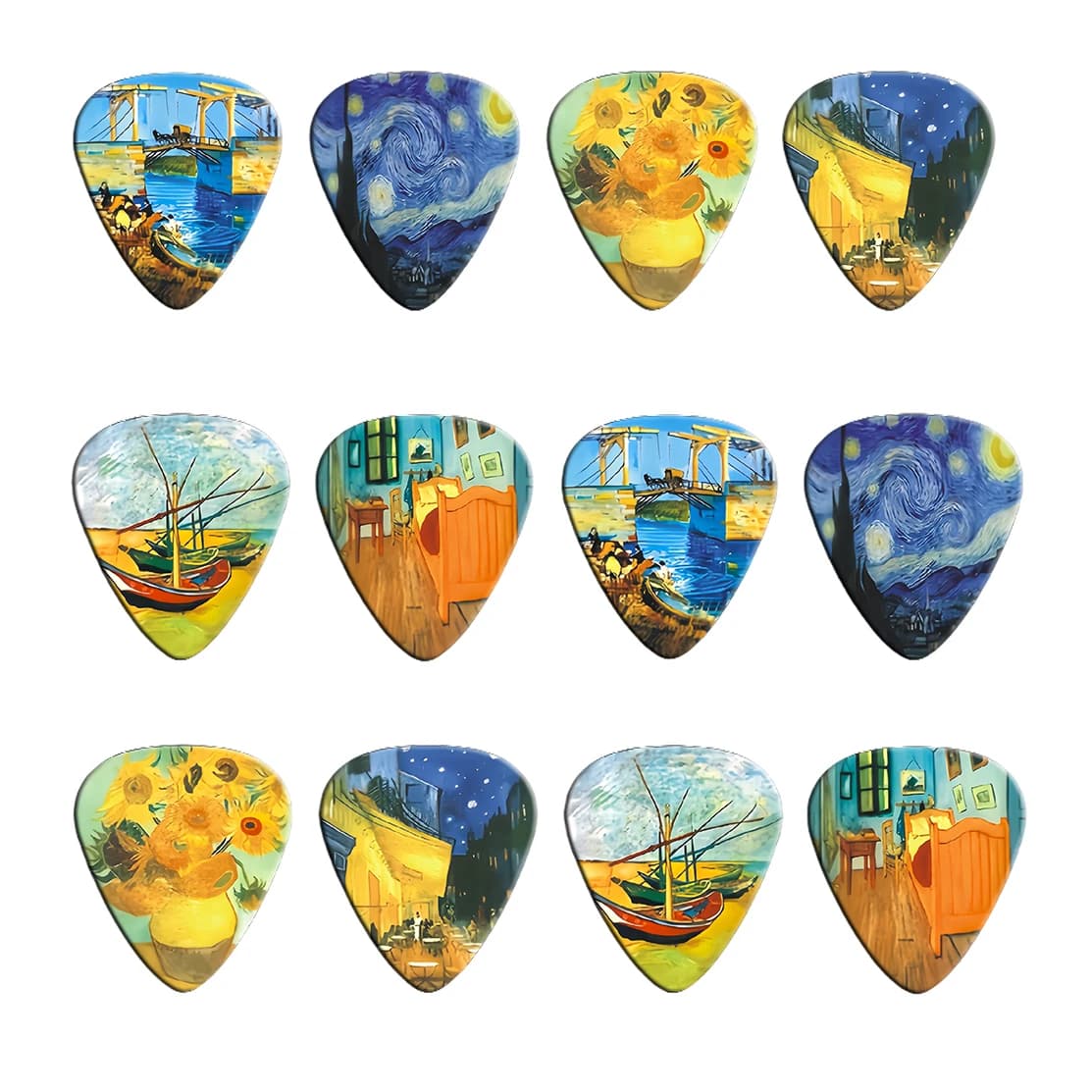 Nuove plettri per chitarra da 12 pezzi/set - Pittura a olio di Van Gogh Pittura a tema Shrapnel, per basso, accessori per strumenti musicali ukulele