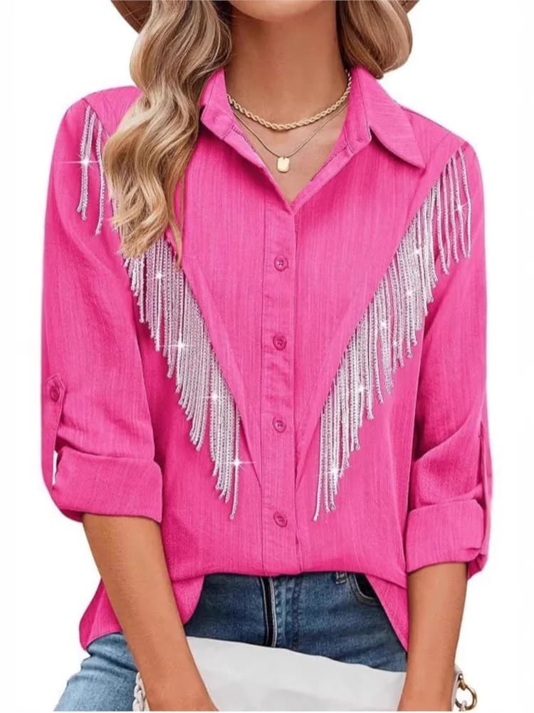 Casual Shirts Blouses Temperament Shirt Blouse For Woman Simple Style Loose Tassel Lapel Long Sleeves Trendy Solid Color Office
