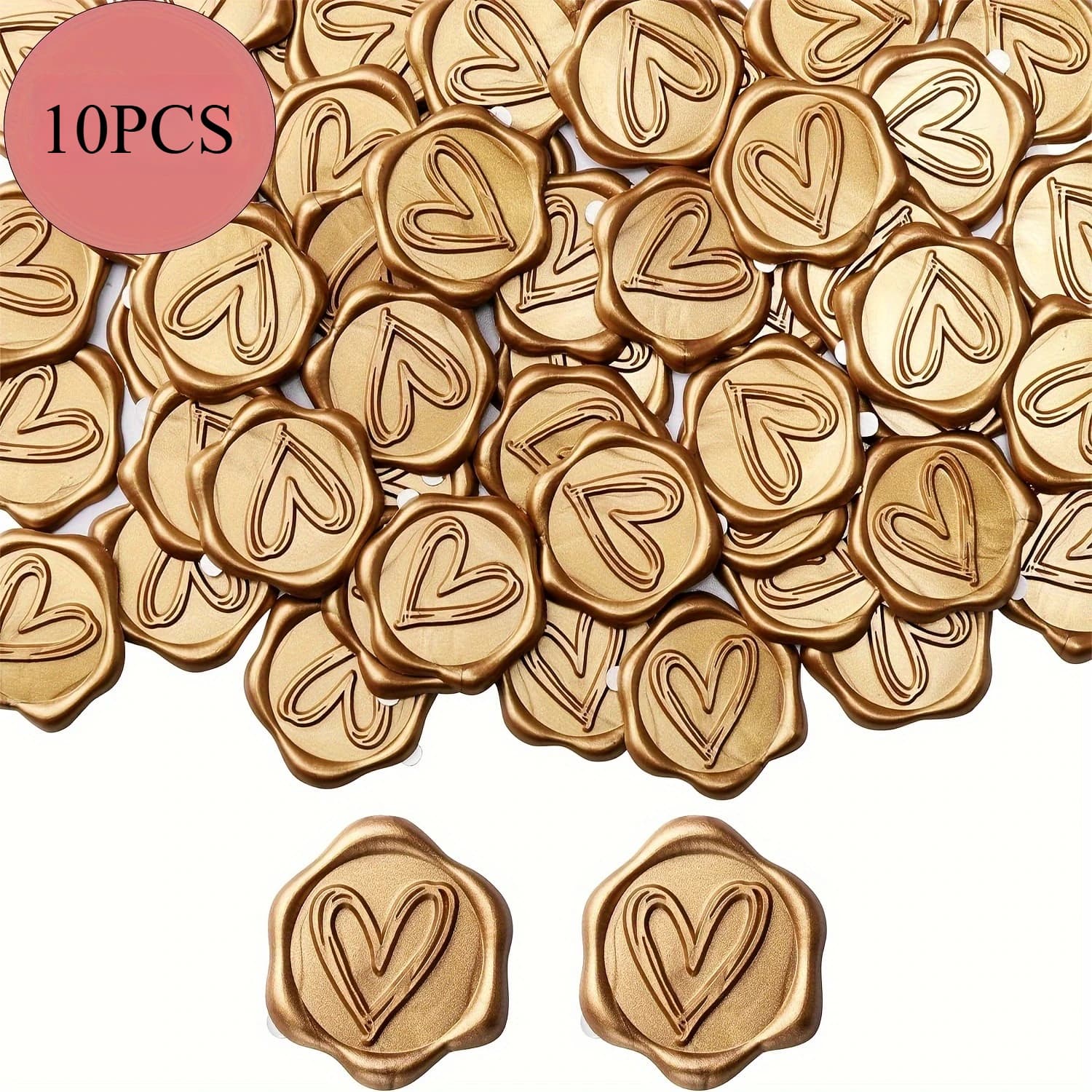 10 adesivi con sigillo di cera a forma di cuore, confezione da 50 adesivi con sigillo per buste, sigilli per buste, adesivi dorati autoadesivi