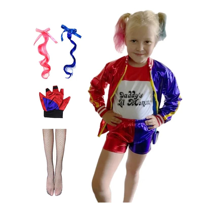 Costumi cosplay Harley per ragazze per bambini Quinn Squad Top T-shirt Giacca Parrucche Uniformi cosplay anime Halloween
