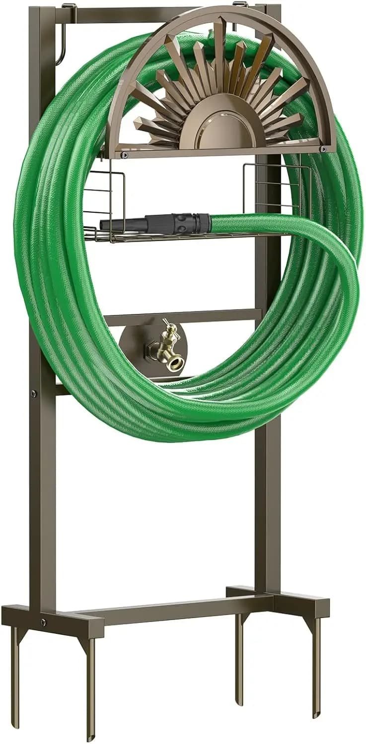 Supporto per Tubo da Giardino Autoportante con Rubinetto in Ottone, Acciaio Resistente, Contiene Tubi da 45m, Cesto Portaoggetti