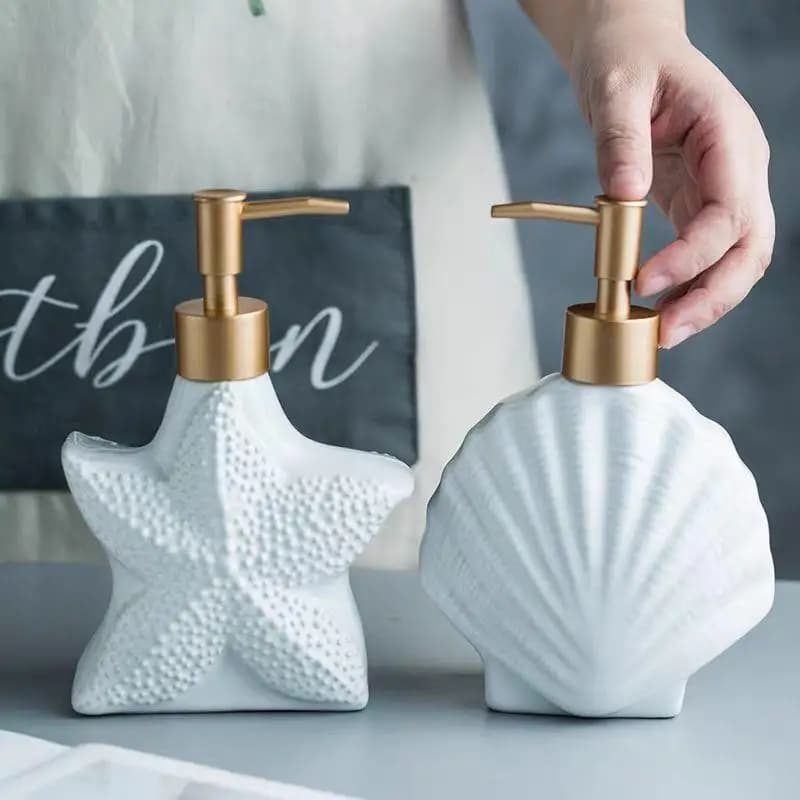 Pressa in ceramica a forma di conchiglia Bottiglia separata Dispenser di sapone liquido Disinfettante per le mani Lozione Accessori per il bagno Shampoo Scatola per doccia