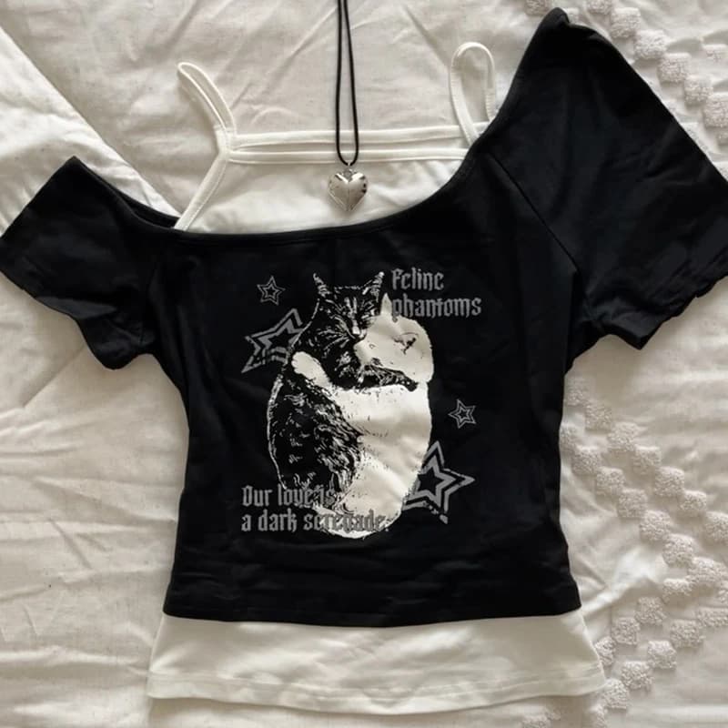 Asthetische Goth Fledermaus Breve Y2K Stil zweitelige T-shirt Kurzarm Weste Harajuku Streetwear Hosentrger Frauen Kleidung Camicia