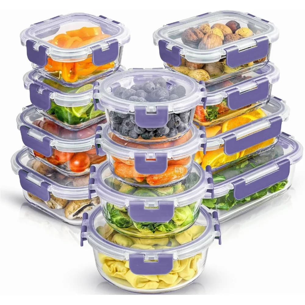Contenitori per alimenti in vetro borosilicato da 24 pezzi con coperchi ermetici, set sicuro per congelatore al forno per la preparazione dei pasti