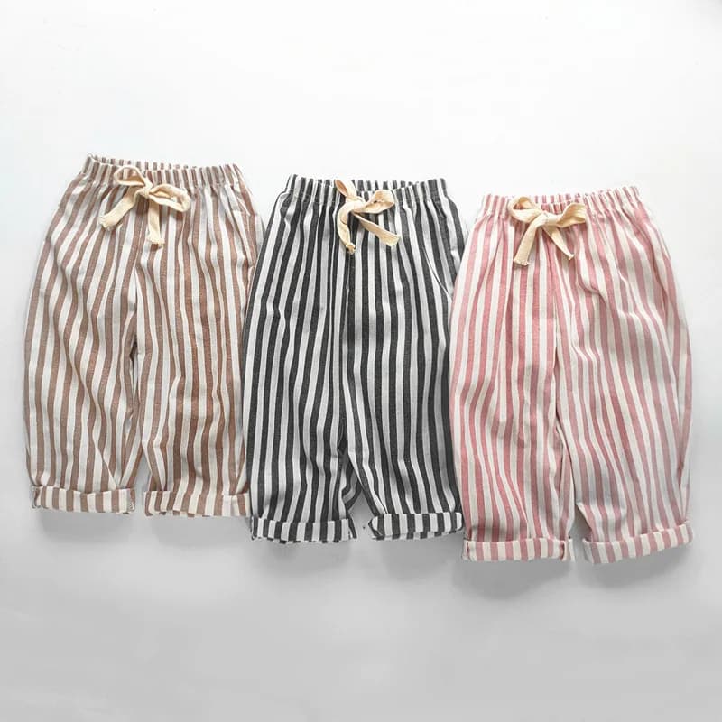 Linen Cotton Stripe Pants for Boys Girls Summer Autumn Casual Loose Kids Children's Trousers