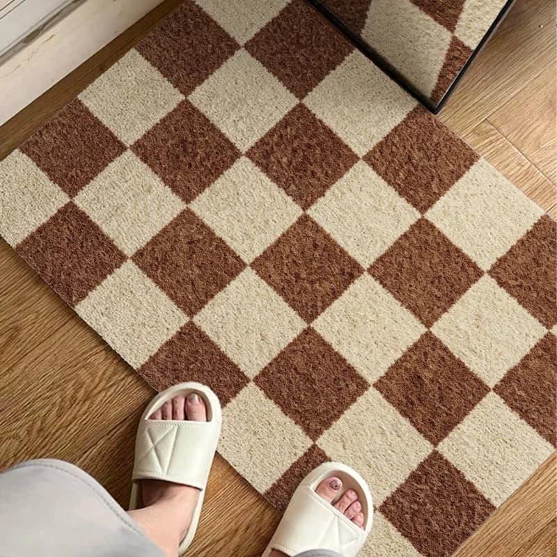 Retro Brown Beige Checkerboard PVC Loop Doormat Cuttable Non‑Slip Dirt‑Resistant Entrance Foot Mat Home Hallway Floor Decor