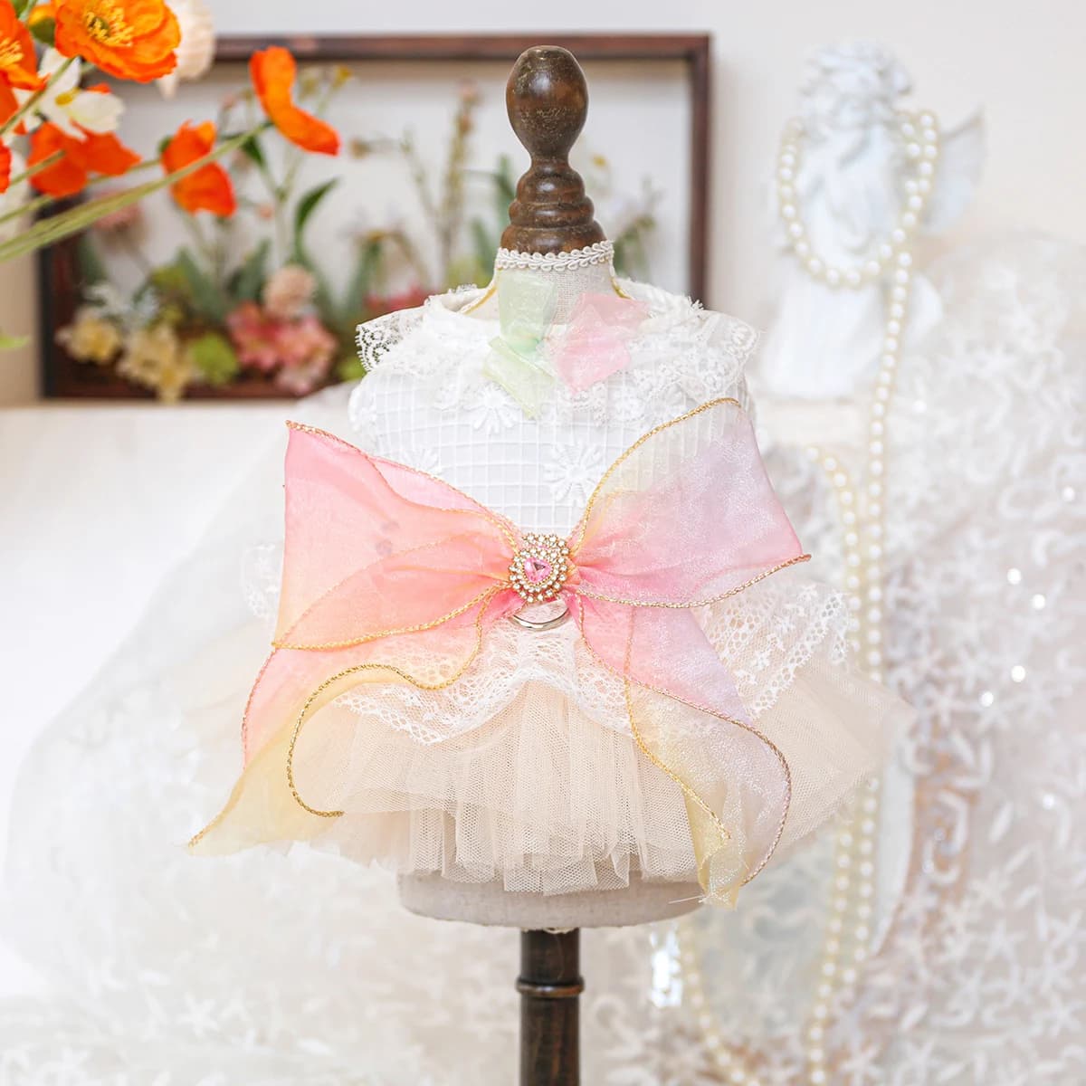 Abito da sposa per animali domestici Rainbow Frappuccino, gonna tutu in pizzo e tulle con fiocco, vestito con imbracatura per cani e gatti di piccola taglia, abbigliamento nuziale