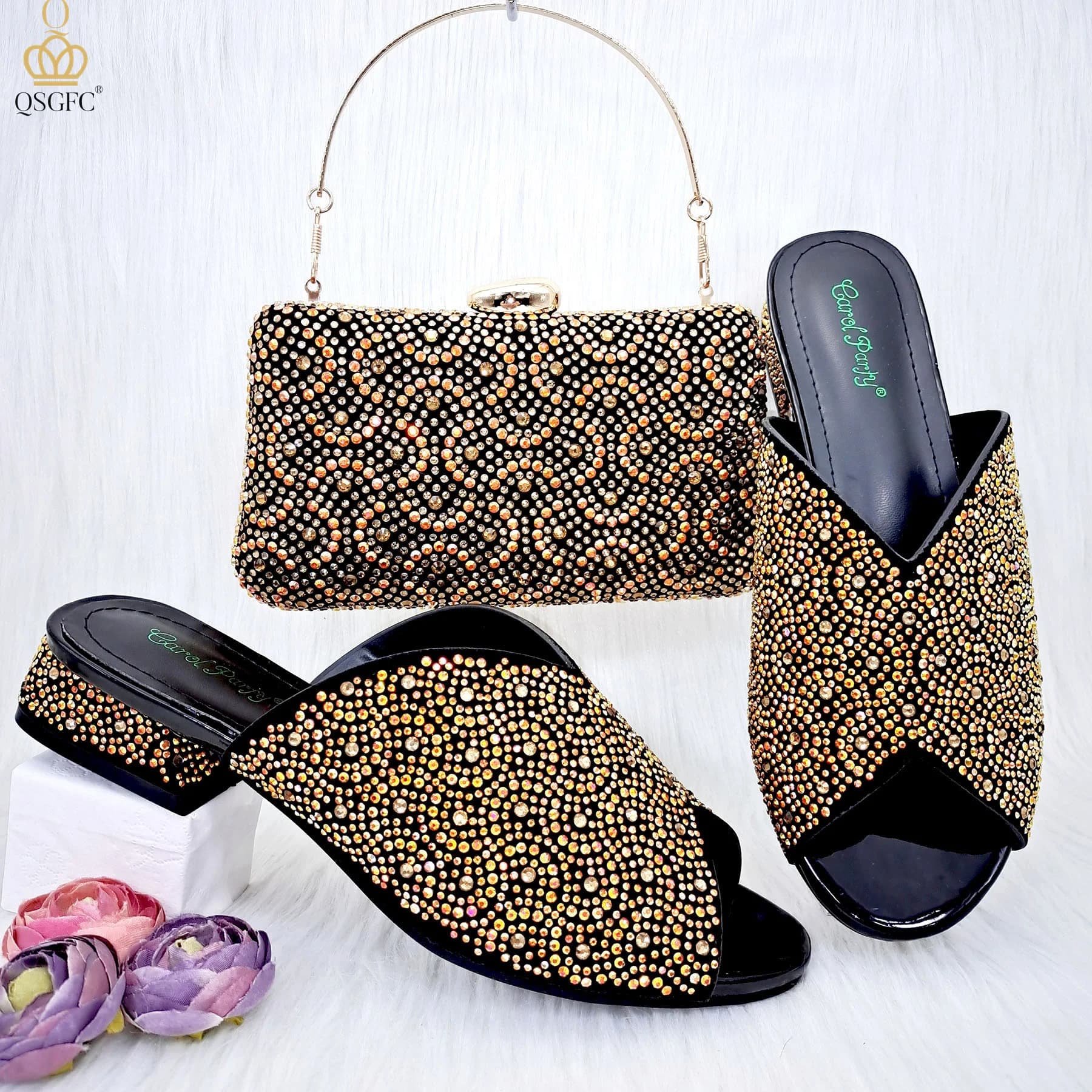 QSGFC sandali di cristallo di moda di Design italiano Nigeria Africa popolare borsa per scarpe con tacco alto Set scarpe Casual versatili a bocca di pesce
