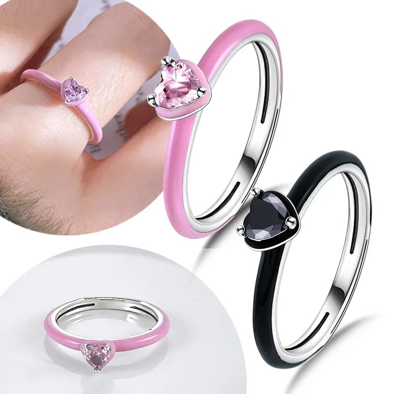 2025 Valentine's Day 925 Silver Black and Pink Heart Rings with shiny zircons Fashionable ring for women Love gift Fine jewelry DIY