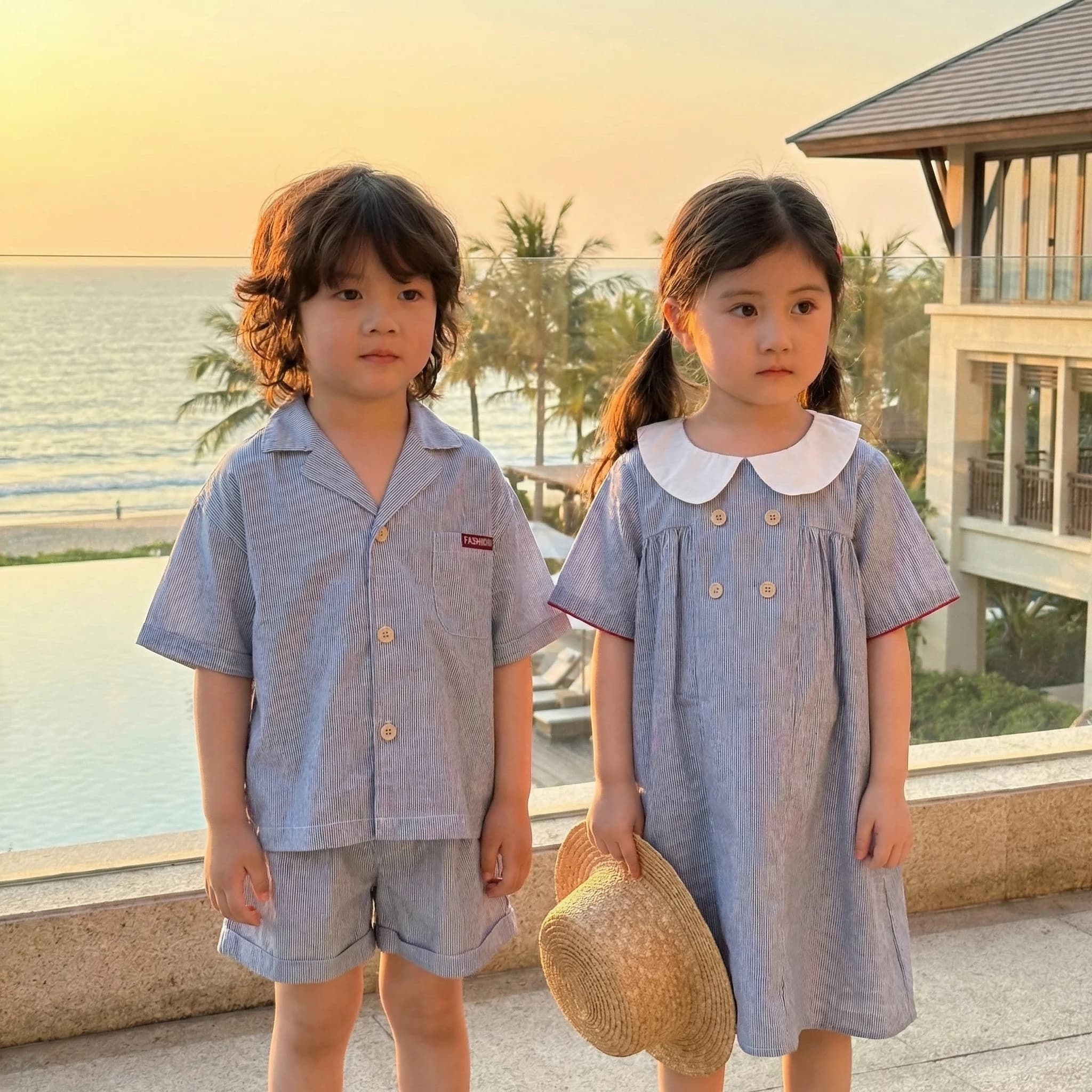 1-8Y Summer Preppy Style Thin Kids Set Girls White Peter Pan Collar Dress Boys Stripe Shirt Elastic Waist Shorts 2Pcs Clothes