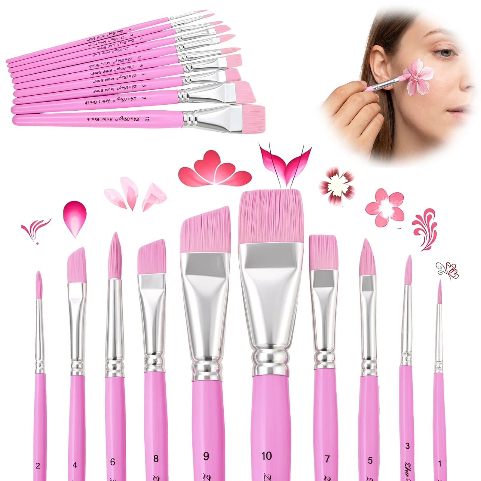10 Pcs Face Brush Professional Face Painting Brush Set with Premium Nylon Bristles for Acrylic Watercolor Oil Body Paint Brushes