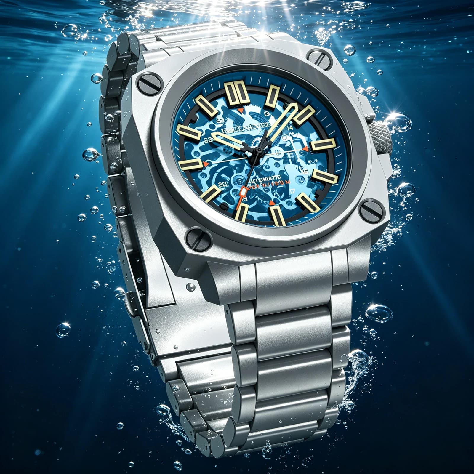FeelNever Stainless Steel Top Luxury Mechanical Men's Watch With Skeleton Dial, Waterproof Up To 100M, Casual Sports, Automatic And Bright