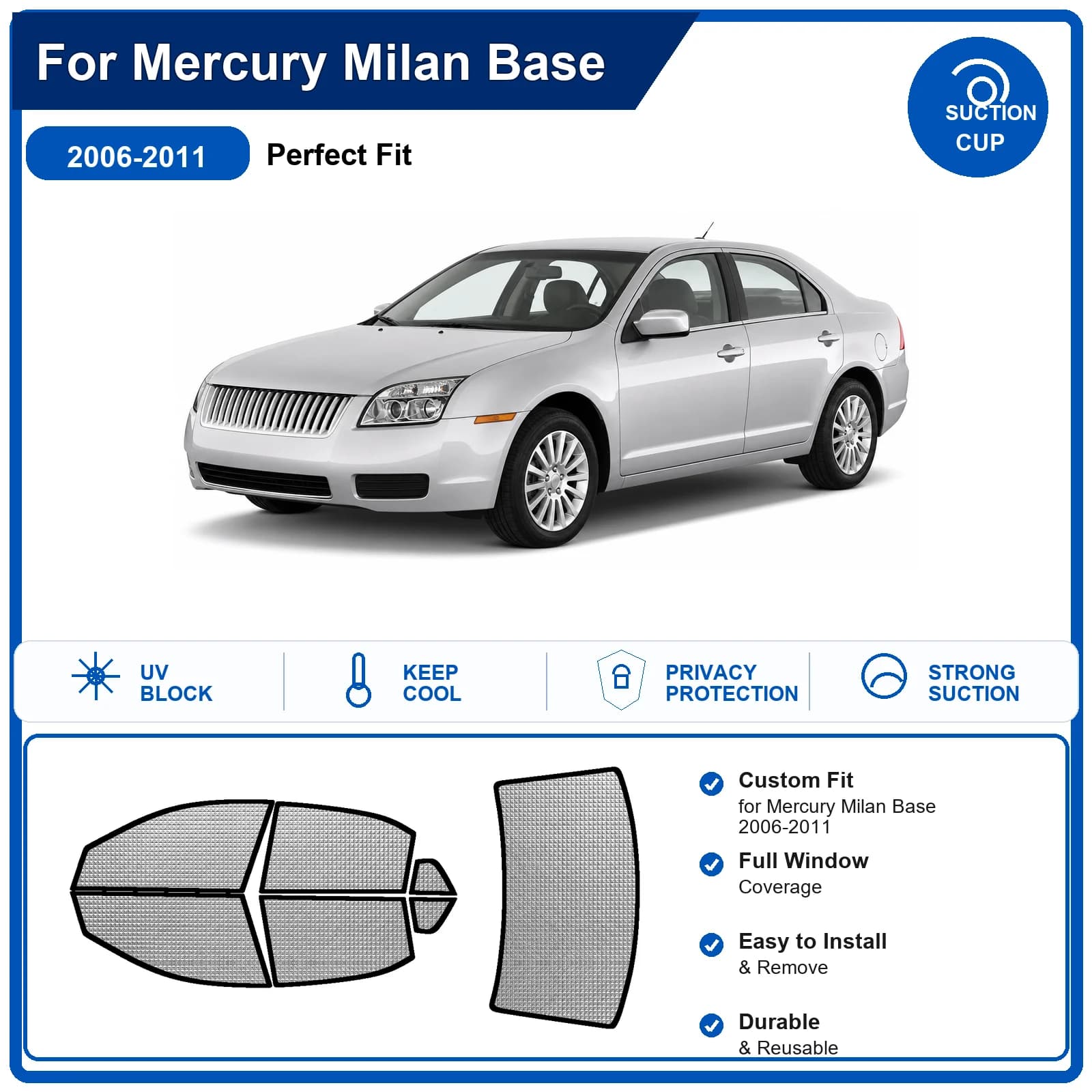 For Mercury Milan Base 2006-2011 Custom Full Set Windshield Sun Shade Aluminum Foil Heat Insulation Anti UV Foldable