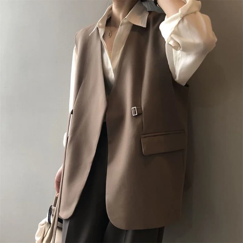 Cappotti da donna con scollo a V Blazer senza maniche casual Gilet da lavoro oversize stile coreano 2025 Blazer OL solido elegante primaverile