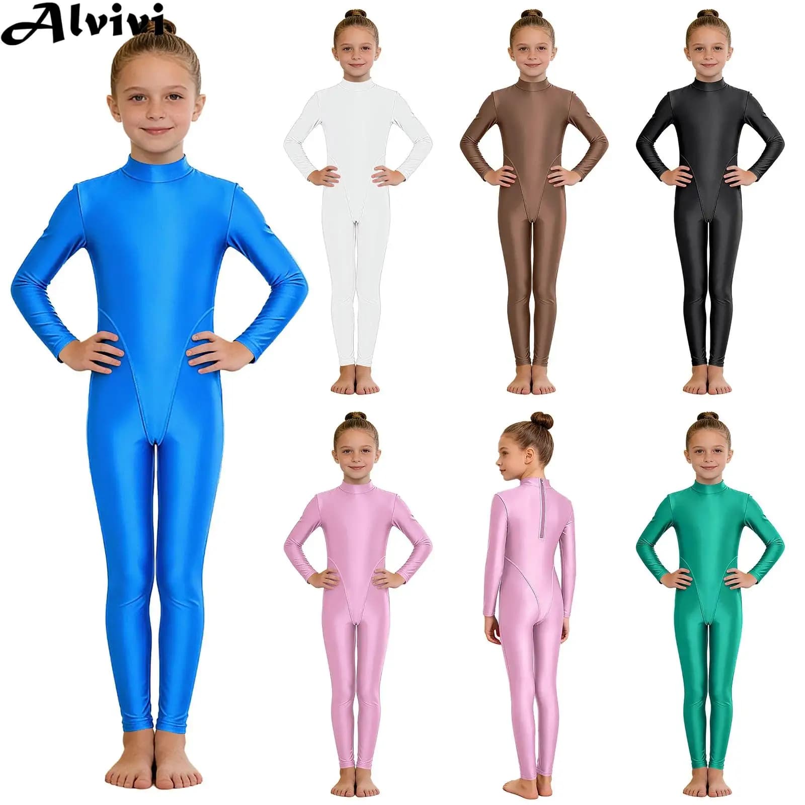 Bambini Ragazze Balletto Danza Ginnastica Body Manica lunga Tuta con cerniera lucida per pattinaggio su ghiaccio Yoga Danza Allenamento di lezioni