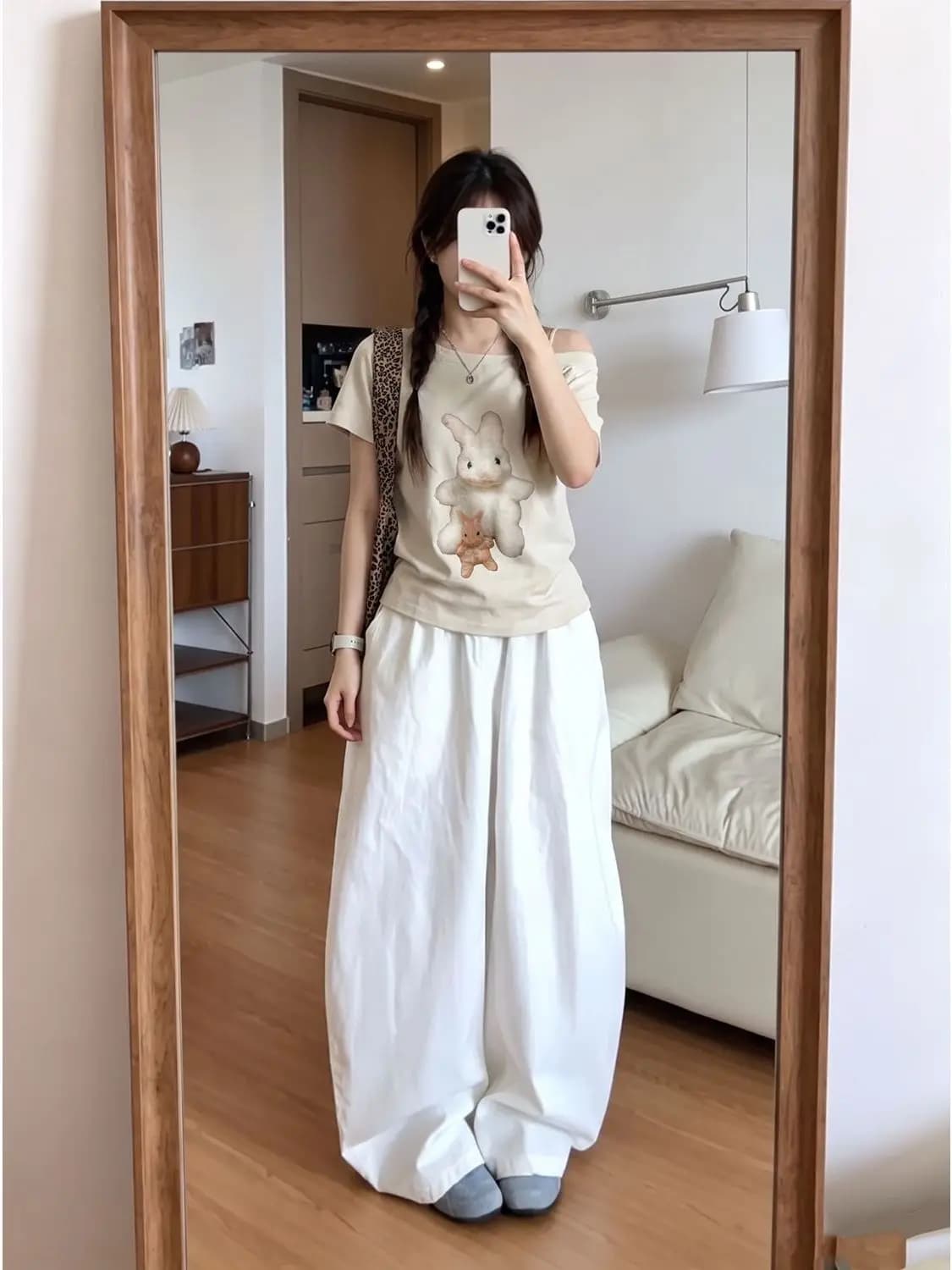 Cute Rabbit Print Asymmetrical Shoulder Women's T-shirt Summer New Style Pure Desire Body Shirt Short Sleeve Korean Version S...