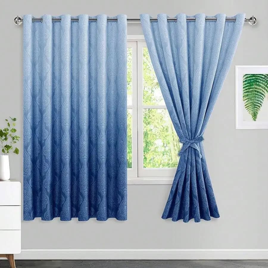Ombre Blue Damask Pattern Blackout Curtains 52x84 Inch Grommet Thermal Insulated Noise Reducing Set Of 2 With Tiebacks