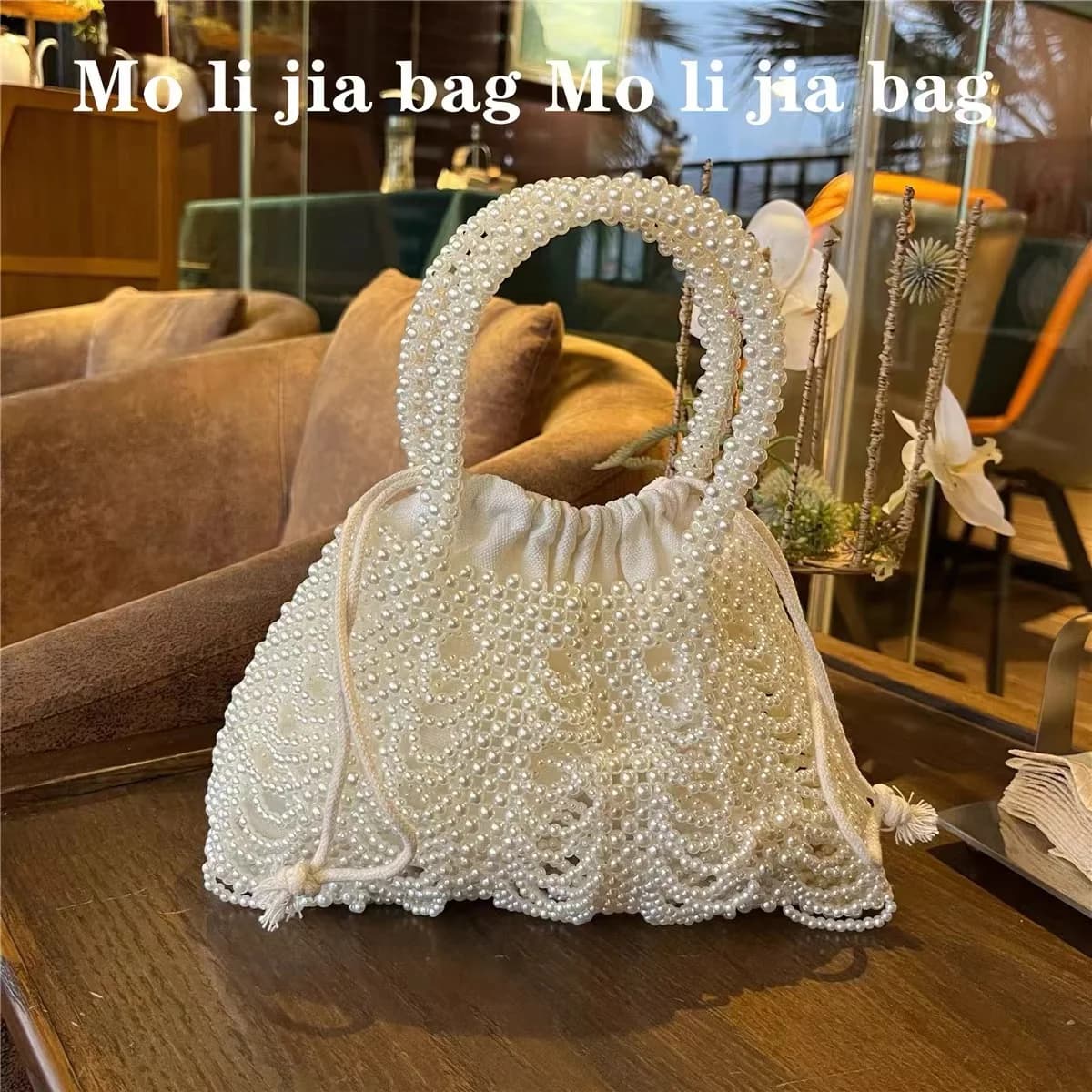 Fashion Pearl Beading Woven Handmade Women Handbag Beads Beaded Evening Bag Wedding Party Clutch Purse Shoulder Bag Armpit