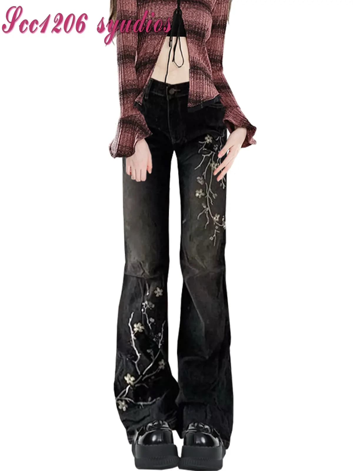 Retro American Y2K Plant Embroidery Flared Jeans Women's Spicy Street Style Slimming Wide Leg Floor-Length Pants