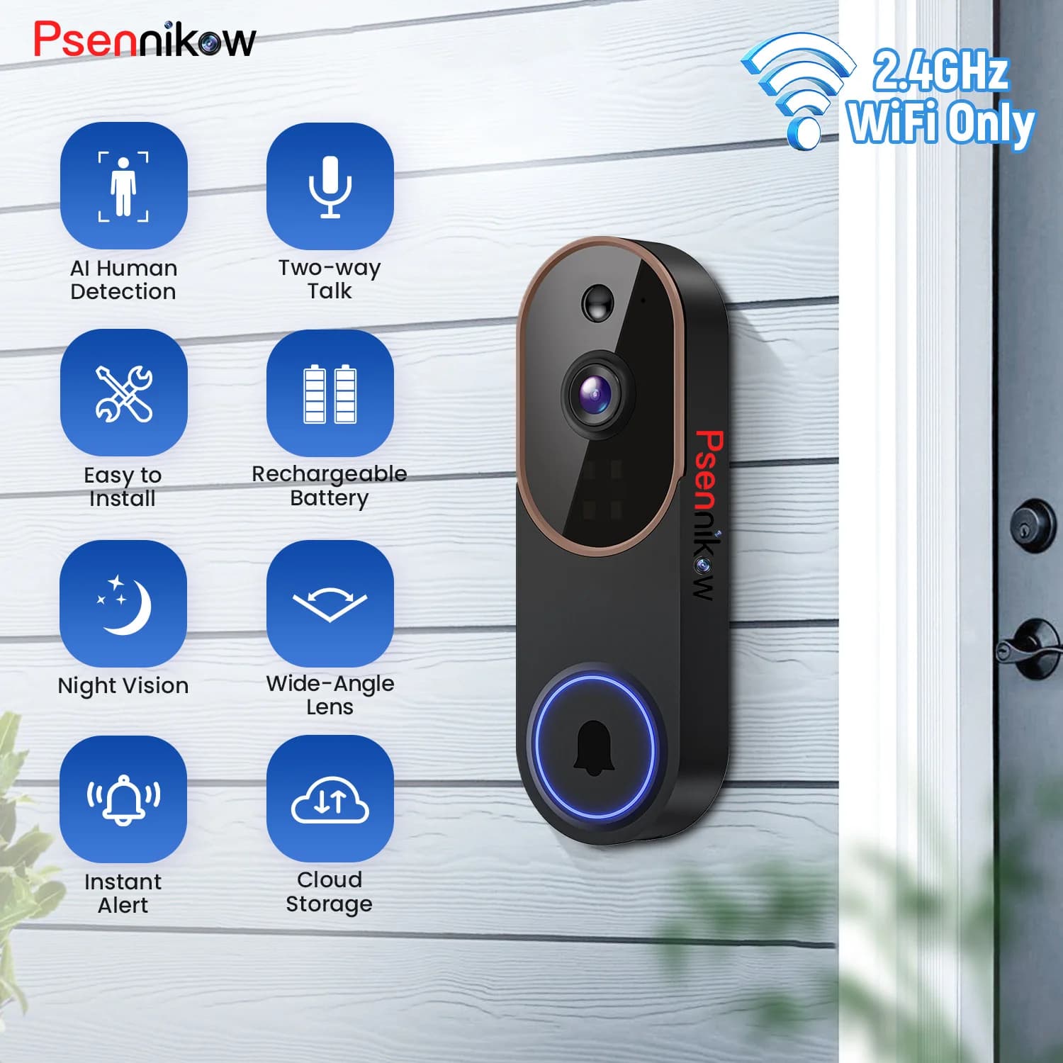 Campanello Video Intelligente Wireless, Rilevamento AI, Visione Notturna IR, Archiviazione Cloud, Alimentato a Batteria, Audio Bidirezionale, Impermeabile IP