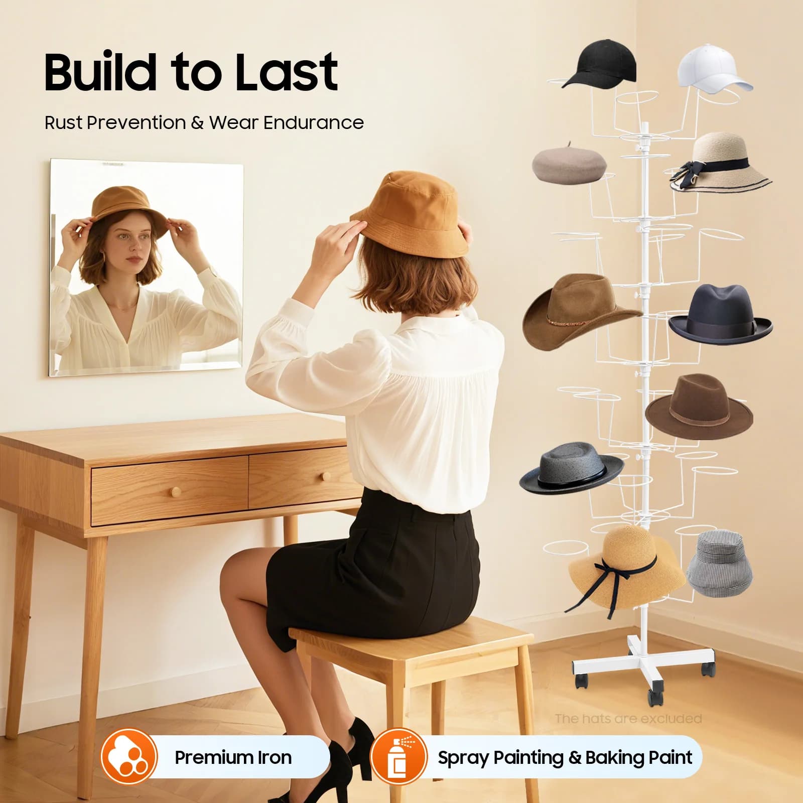 7-level hat display Organizer for adjustable hats with rest for 35 hats with wheels Display tower for floor metal hats