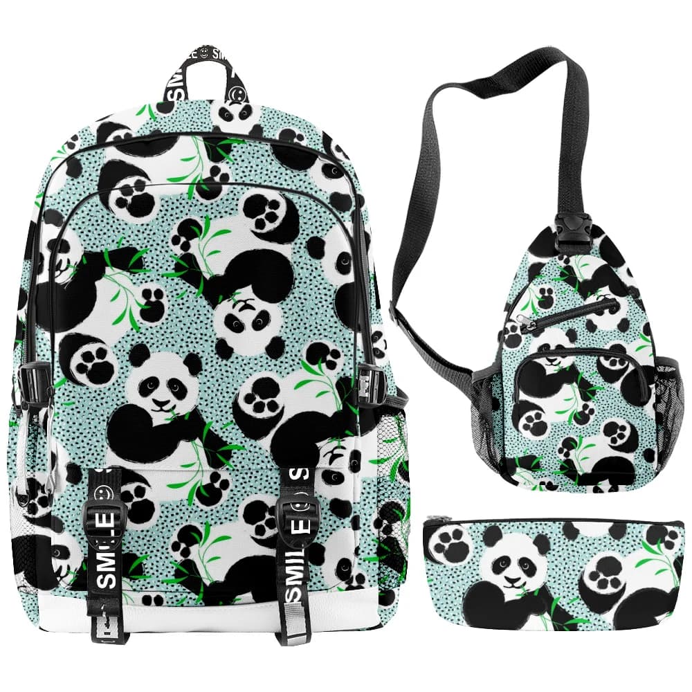 3pcs/Set Backpack Cartoon Panda 3D Print School Student Bookbag Anime Laptop Daypack Lunch Bag Pencil Case Mochila