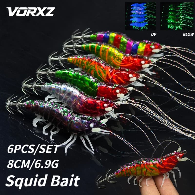 6PCS Squid Jig Artificial Shrimp Lure UV Glow Luminous Soft Legs Squid Hook Octopus Cuttlefish Saltwater Night Fishing Tackle