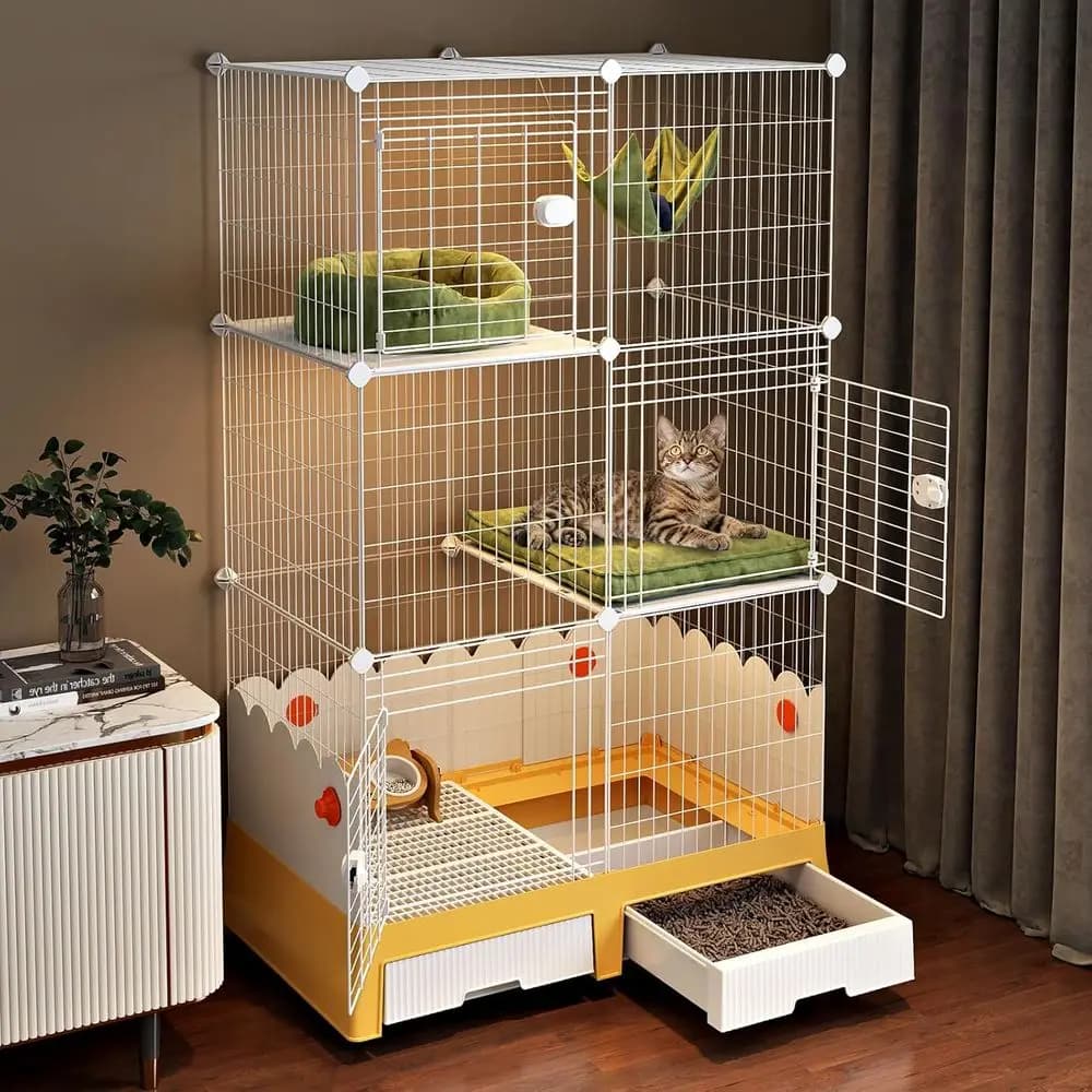 Large Cat Cage with Litter Box & Enclosure, 62.2 H Cat Kennel On Wheels, 3-Tier Crate Ideal for 1-2 Cats, Easy to Clean, Splash-