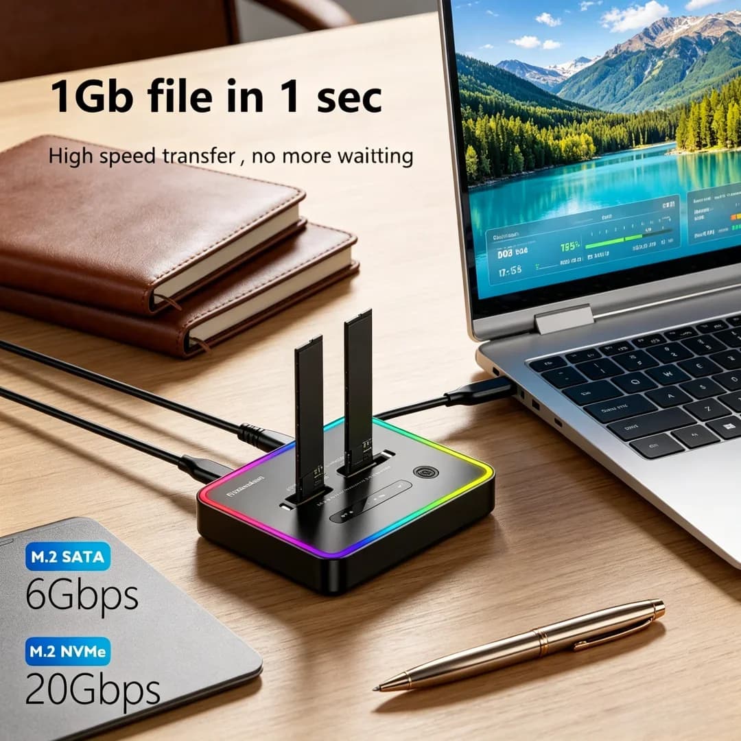 Case SSD M.2 Luminescente con Doppio Protocollo Offline, Docking Station SSD Tipo C 10Gbps per PCIe NVME o SATA, Enclosure SSD a 2 Bay