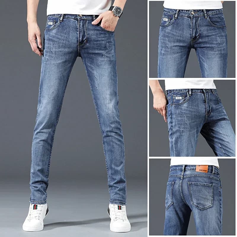 2024 nuovi jeans skinny da uomo blu stile coreano stretch dritto piedi piccoli slim fit pantaloni lunghi in denim casual alla moda maschile
