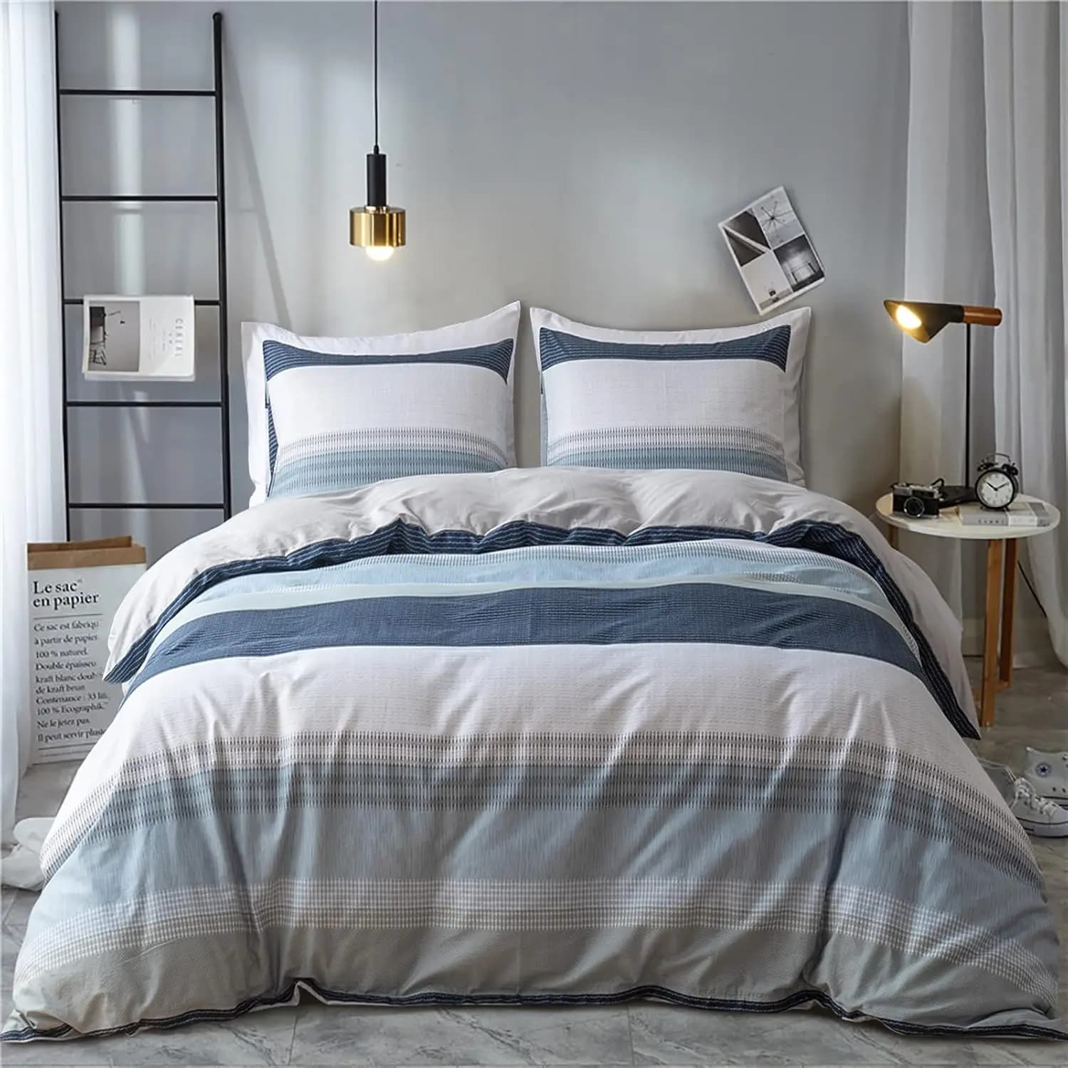 Set Copripiumino in Cotone Queen Size, Bianco Grigio Blu a Righe, con Chiusura a Cerniera, 3 Pezzi
