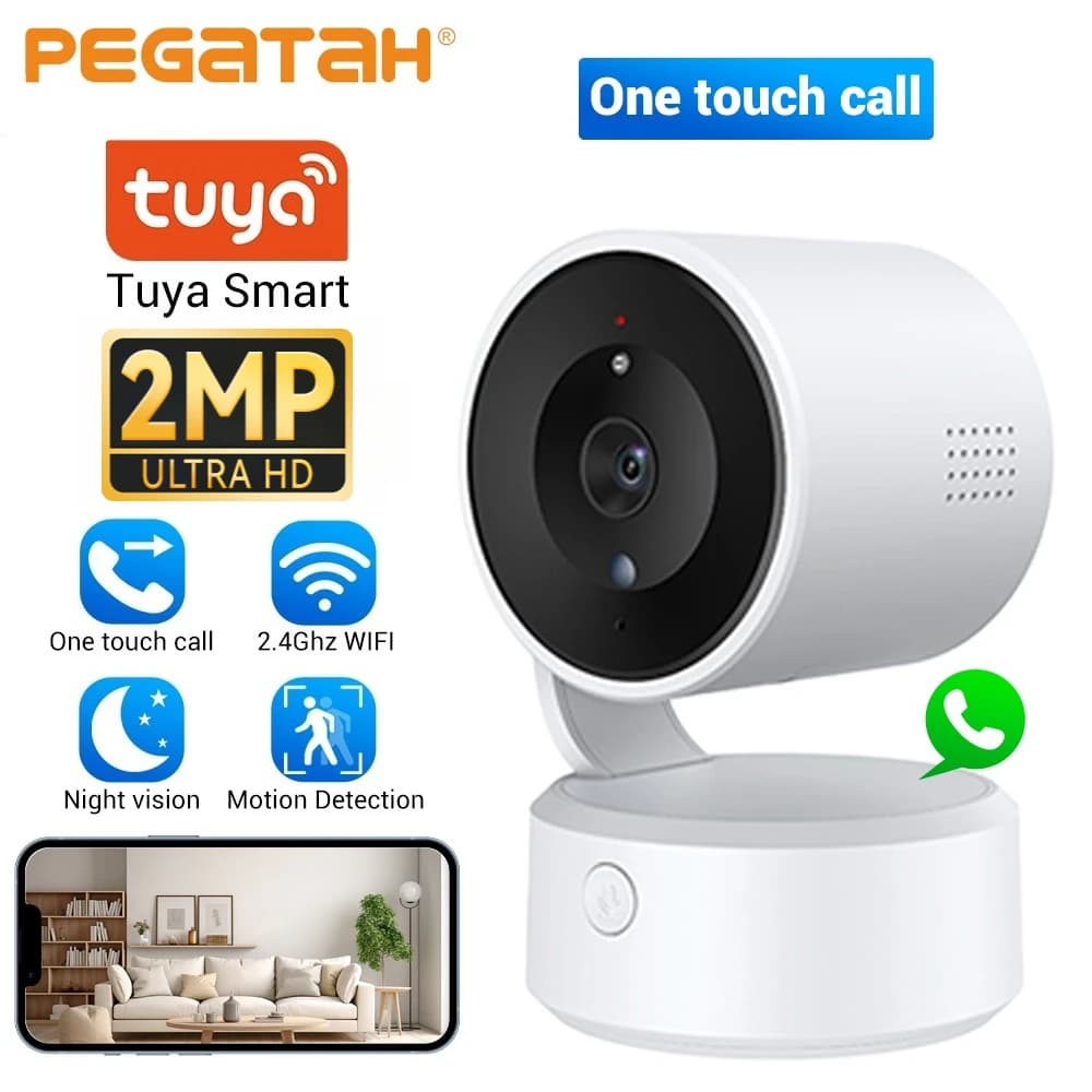 Telecamera di Sorveglianza IP CCTV PEGATAH Tuya 2MP con Chiamata One-Touch, Monitor per Bambini da Interno, WiFi, PTZ, Tracciamento Automatico, Visione Notturna a Colori