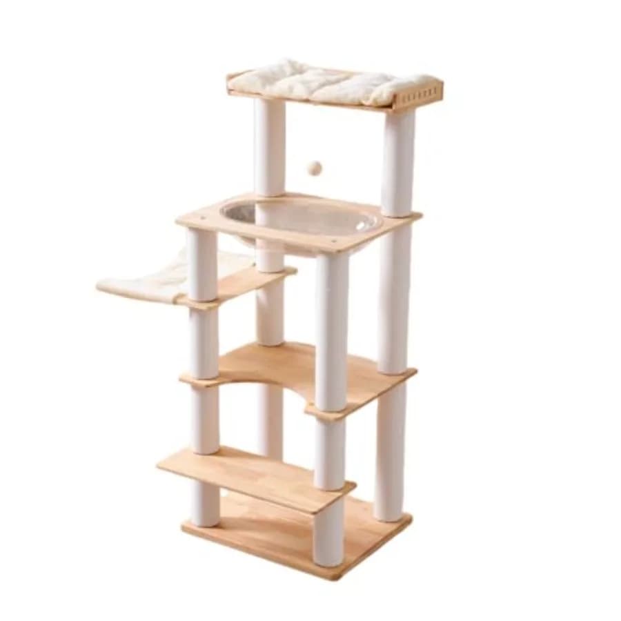 Moderno Tiragraffi per Gatti in Legno Naturale con Cuccia, Piattaforma Superiore Extra Grande, Postazione di Riposo Alta 57 Pollici, Grande Cuccia a Capsula Trasparente per Maine Coon