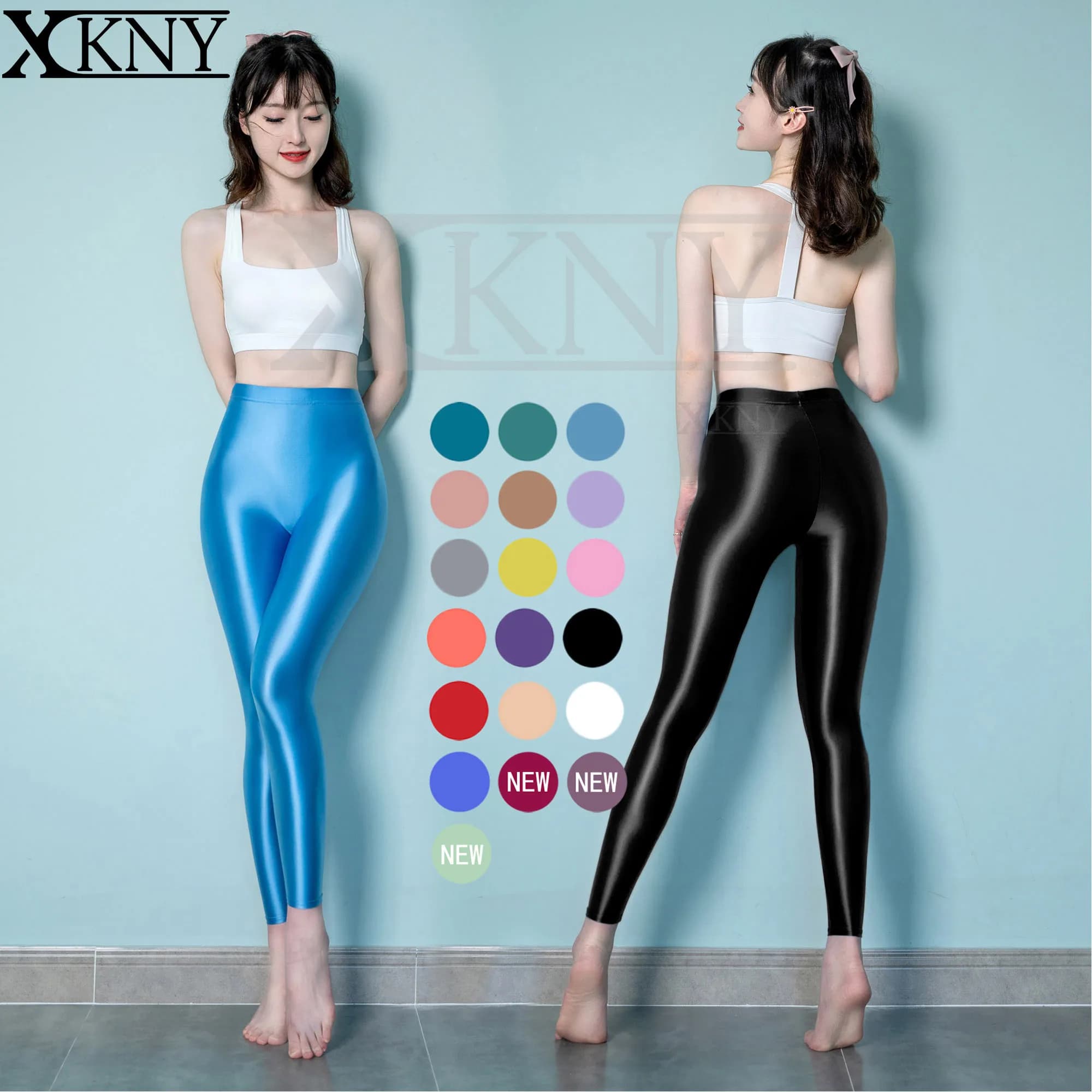 XClocKNYoung Pantaloni satinati lucidi in seta, collant opachi senza cuciture sul davanti, leggings attillati effetto bagnato, pantaloni satinati lucidi