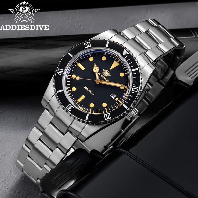 ADDIESDIVE AD2072 Men Watches K1 Mineral Bubble Mirror Glass Stainless Steel Ceramic Bezel Waterproof Luminous 39mm Quartz Watch