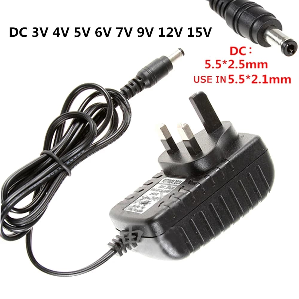 AC 230 V universal power adapter with UK DC 3 V/5 V/6 V/9 V/12 V 0.5 A-2 A plug with LED lights, routers and smart home devices
