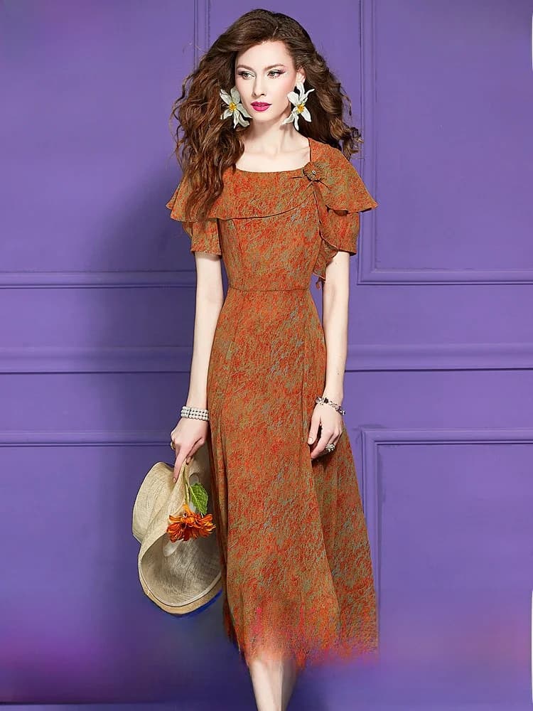 Abito Phoebe con Stampa Floreale, Maniche Corte, Leggero Estivo, Scollo a Bateau, Design Anti-Invecchiamento, Gonna Midi Casual a Vita Alta, Linea ad A