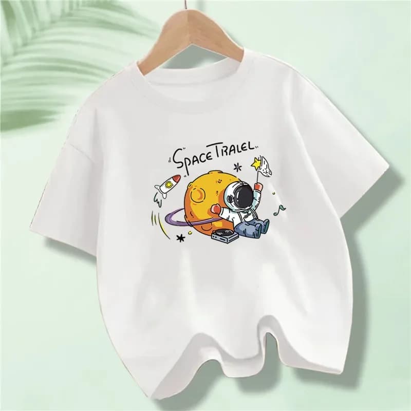 Kids Astronaut Print T-Shirt Boys Fashion Cotton Hip Hop Casual Top Space Exploration Design Comfortable Cotton Tee for Kids