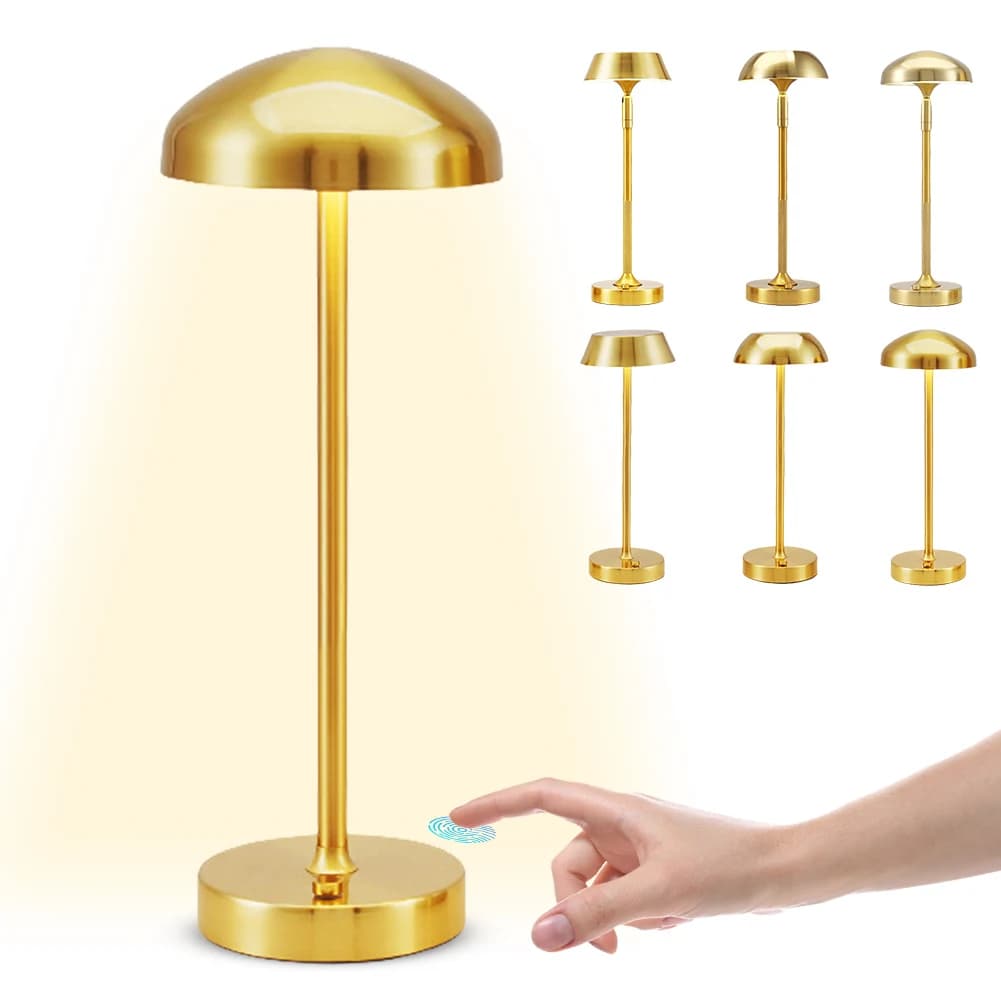 Lampada da Tavolo LED Wireless Dorata Ricaricabile, Luce da Tavolo Touch con Dimmerazione Continua, Lampada da Scrivania Portatile per Soggiorno