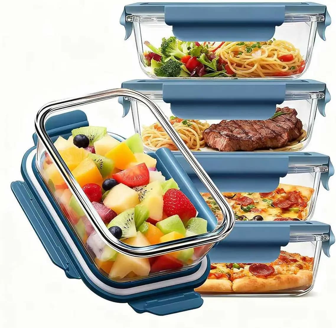 Contenitori in Vetro per Preparazione Pasti, Set da 5, Contenitori Ermetici in Vetro per Pranzo in Tre Misure, Contenitori in Vetro per Conservazione Alimenti con Coperchi