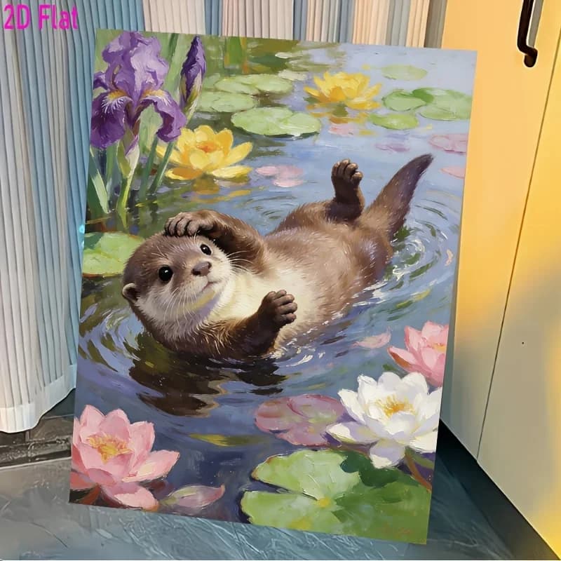 Professional Art Use 2D Flat, 1 Set of Adult DIY Paint by Numbers Kit, "Otters Playing on Water" Includes Acrylic Paints, Canvas
