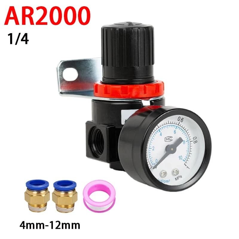Regolatore di Pressione Pneumatico AR2000 con Filettatura BSP da 1/4" per Compressore d'Aria, Valvola di Riduzione con Connettori da 4MM 6MM 8MM 10MM 12MM