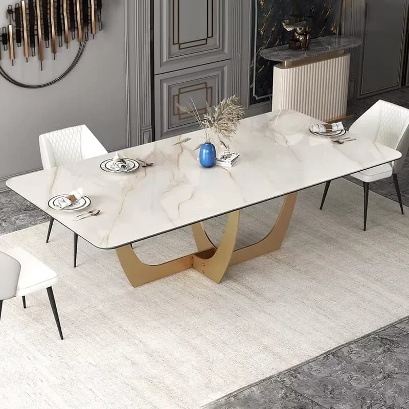 French Living Dining Room Furniture Table Set Metal Base Gold Stainless Steel Leg Customized Design Rectangular Dining Table