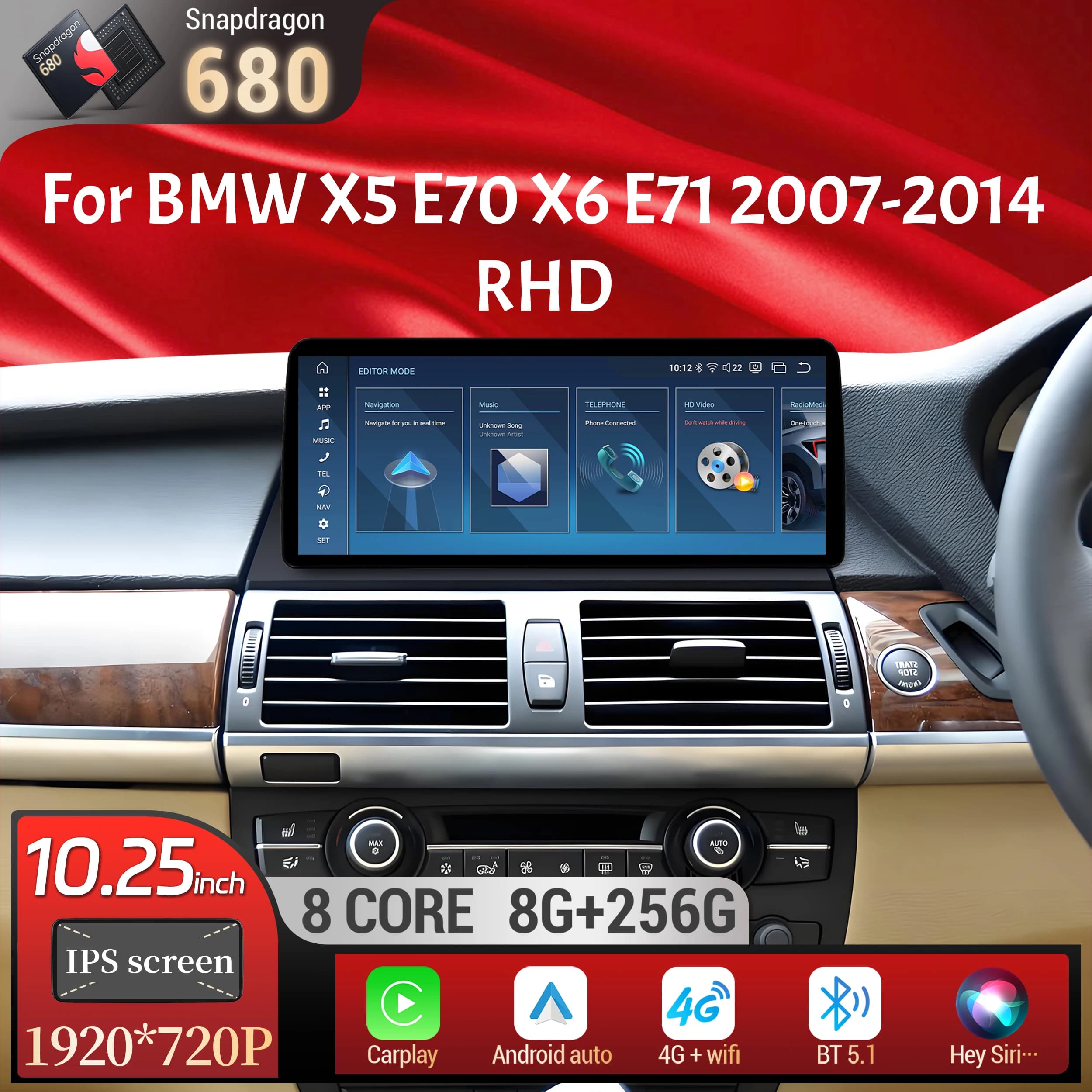 10.25 pollici Guida a destra Android 13 Per BMW X5 E70 X6 E71 2007-2014 Autoradio Wireless BT Carplay Snapdragon 680 Touch Screen