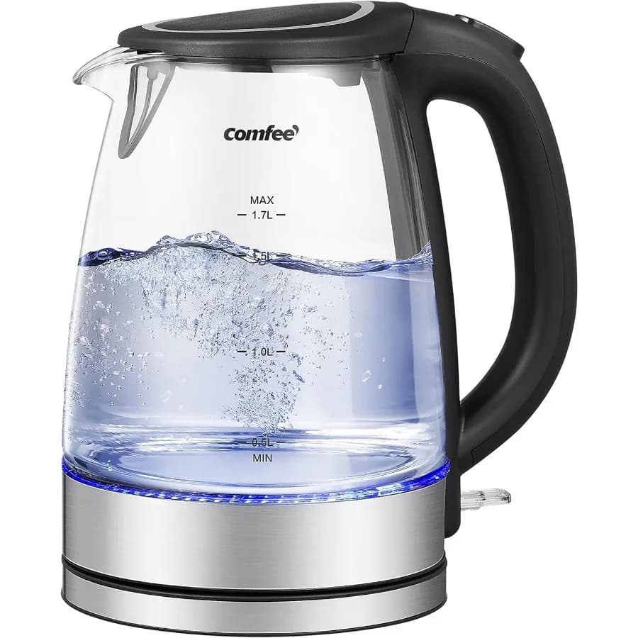Bollitore Elettrico in Vetro 1.7L con Indicatore LED 1500W, Ebollizione Rapida, Spegnimento Automatico e Protezione Contro l'Ebollizione a Secco, Trasparente per Cucina