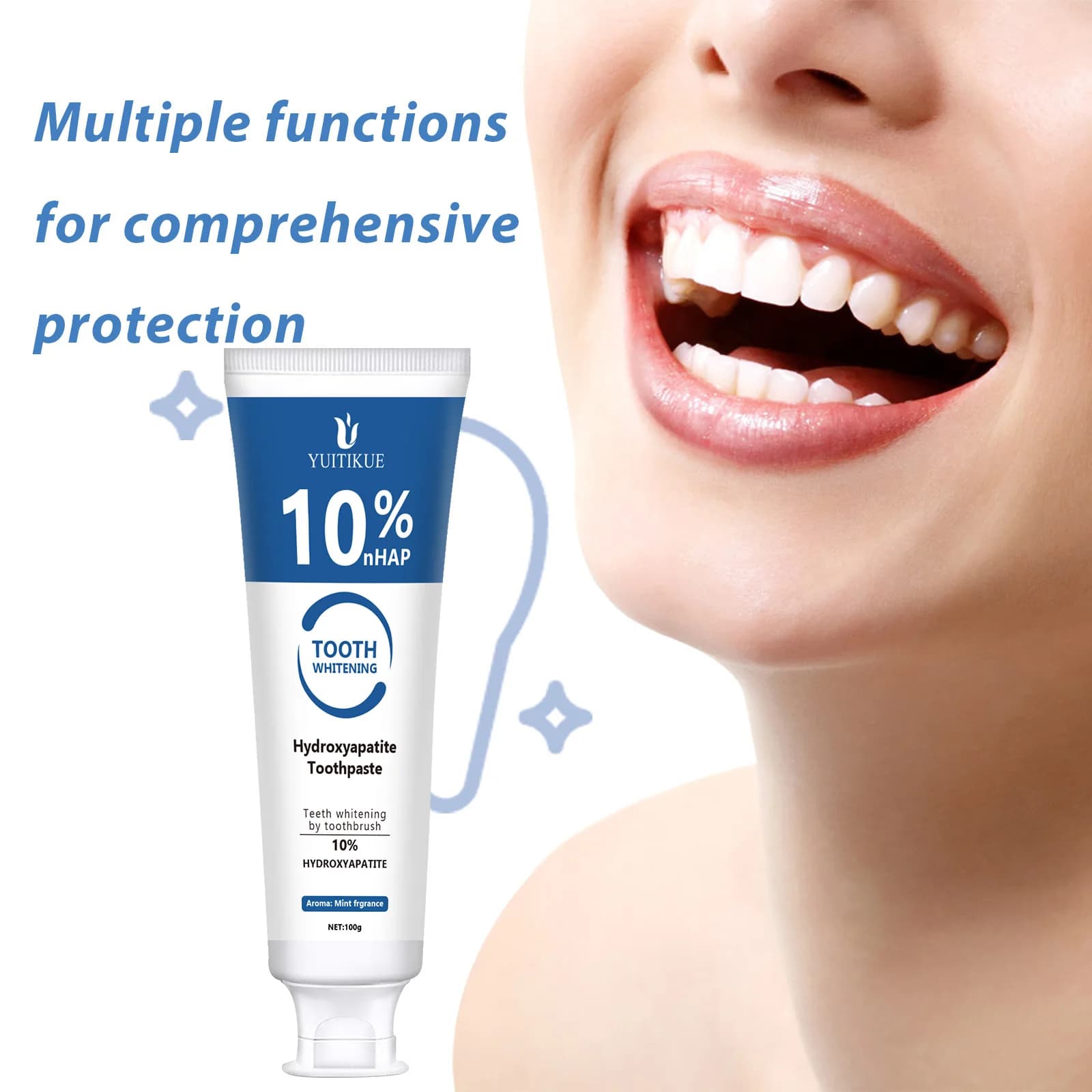 YUITIKUE Dentifricio with 10% Hydrossiapatite 100g - Whitening Tooths and Gel Nail Repair, Fresh Food to Ment, Multi-Action Protection