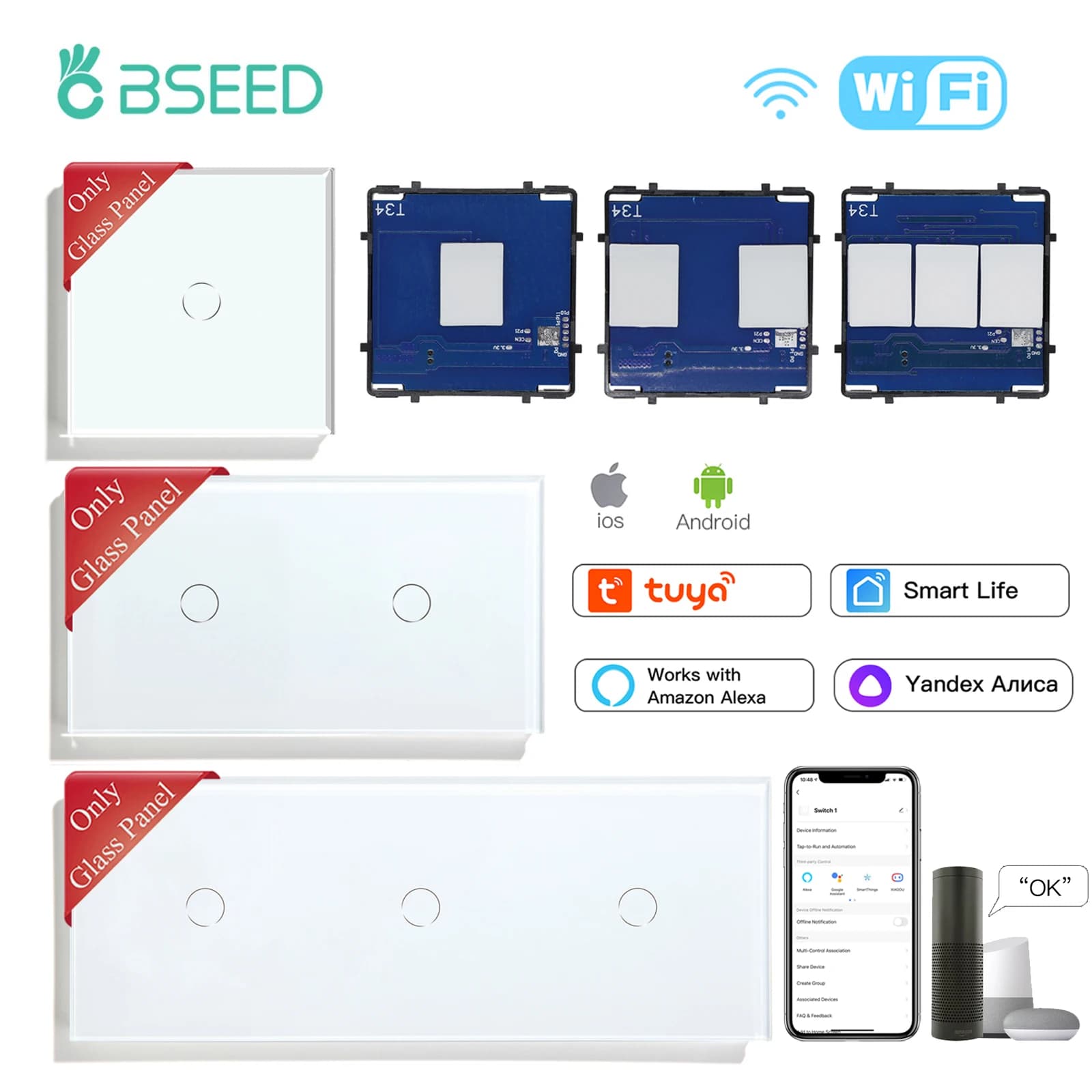 BSEED 1/2/3Gang Wifi Sensore tattile Smart Switch Base Tuya Smart Life App Pannello in vetro da parete con piastra metallica Solo pezzi di ricambio fai da te