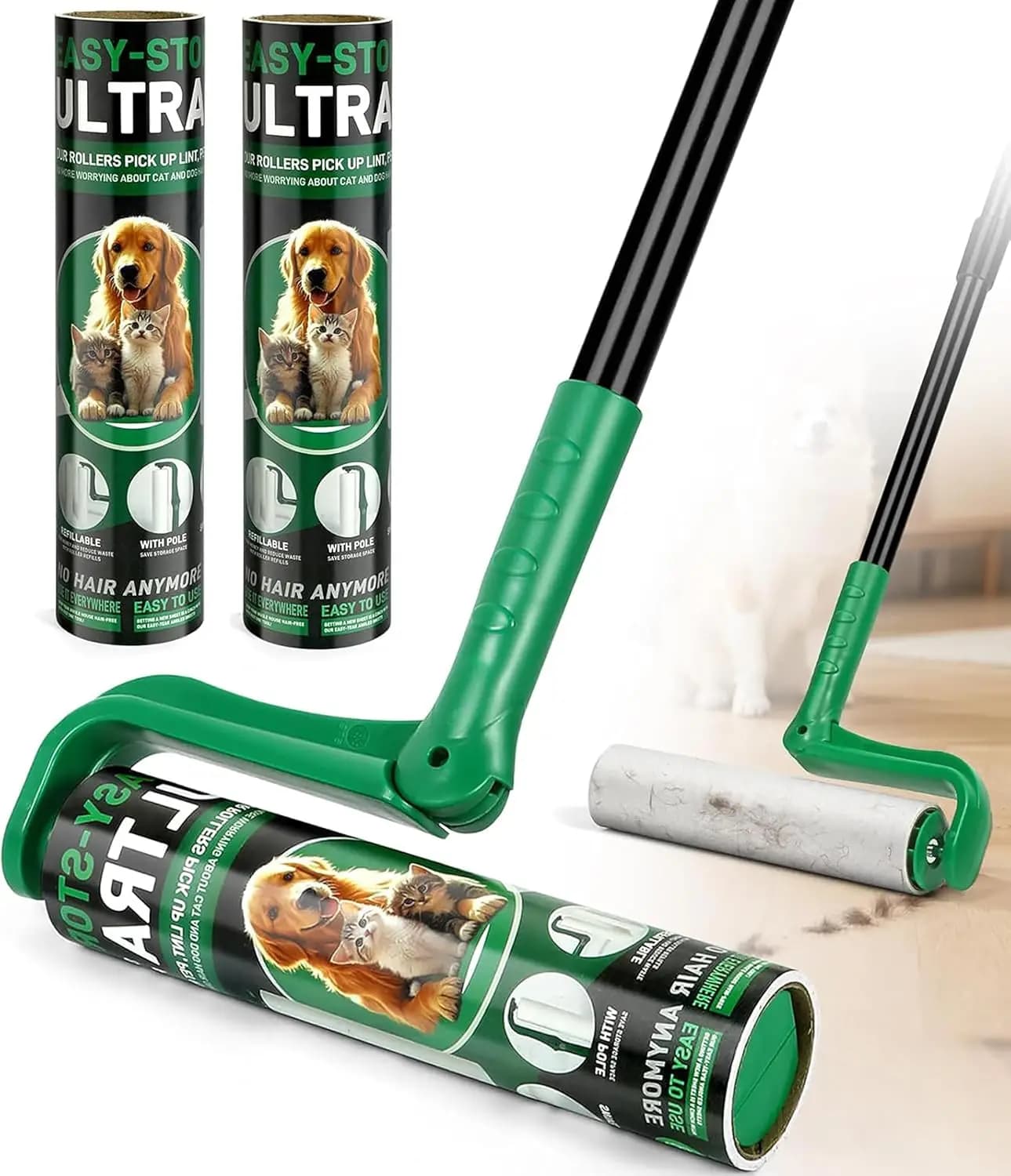 Rullo leva-pelucchi extra adesivo da 10 pollici per peli di animali domestici, pulitore per pavimenti con manico lungo e ricariche, verde